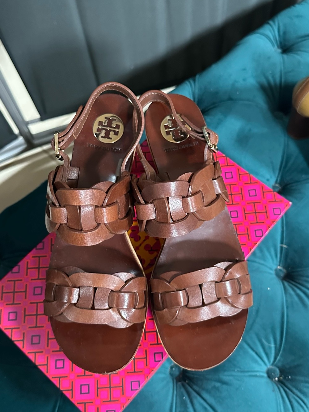 Tory Burch Brown Woven Leather Slingback Sandals
